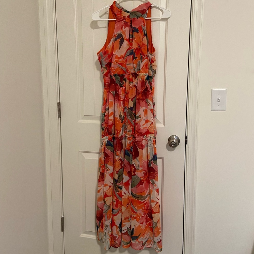 Nicole Miller New York orange pink floral layer high neck flowy maxi dress small